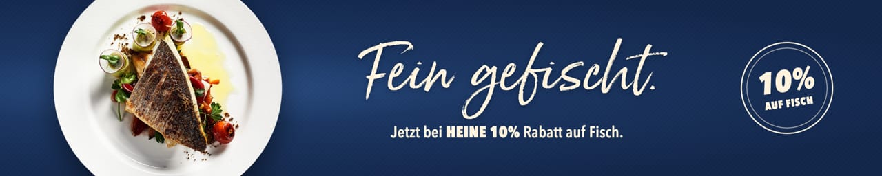 Fein gefischt: HEINE-Aktion mit 10 % Rabatt auf Fisch, Fischgericht auf blauem Hintergrund