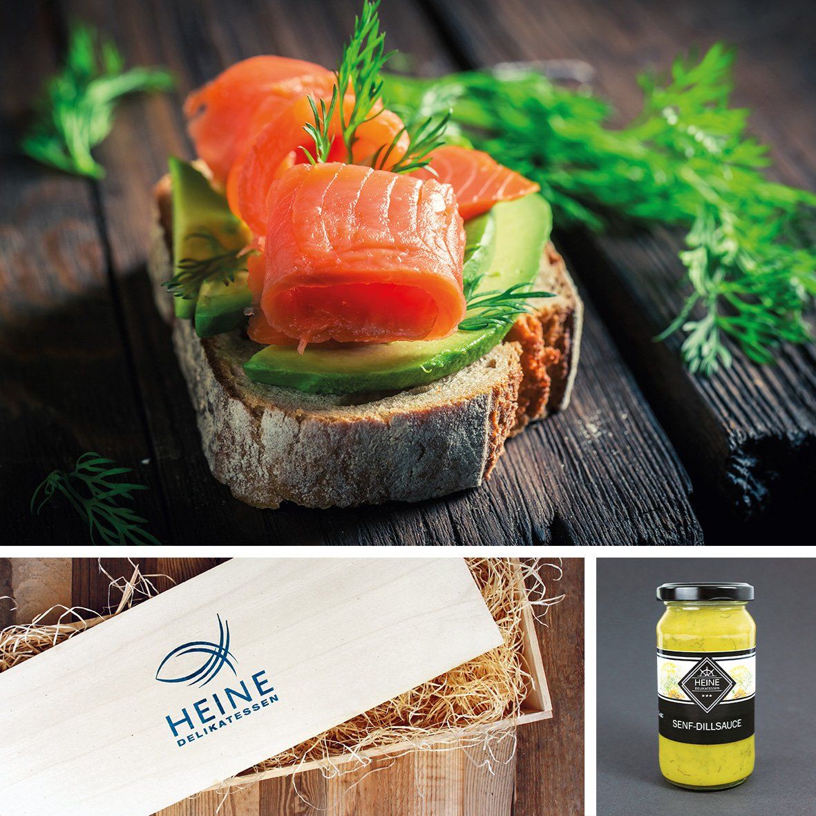 Bio Räucherlachs + HEINE Senf-Dillsauce in der Holzkiste