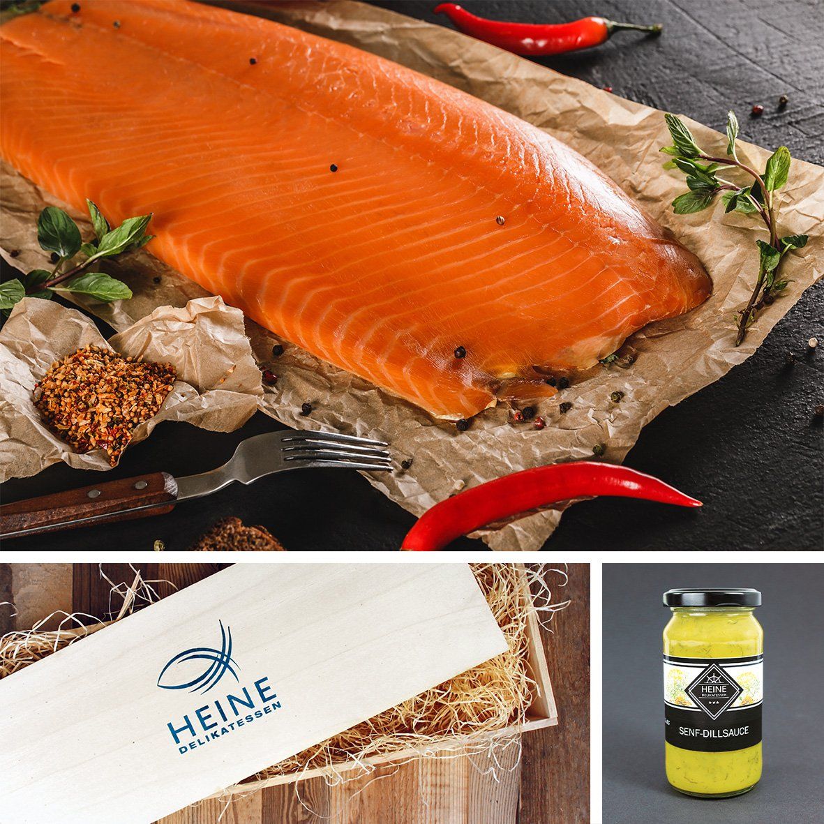 Rotlachs Sockeye Wildlachs 500 g in Scheiben – mit Senf-Dill-Sauce in Holzkiste