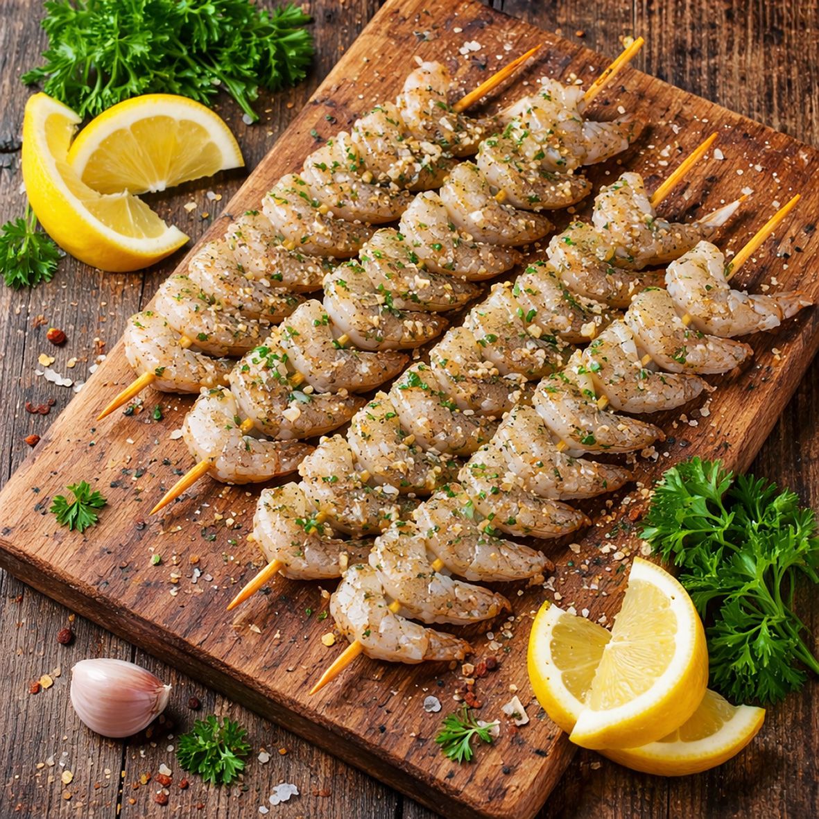 Riesengarnelen- / Tiger Shrimp-Spieße (roh) ohne Kopf, ohne Schale 1 kg (10 Spieße)