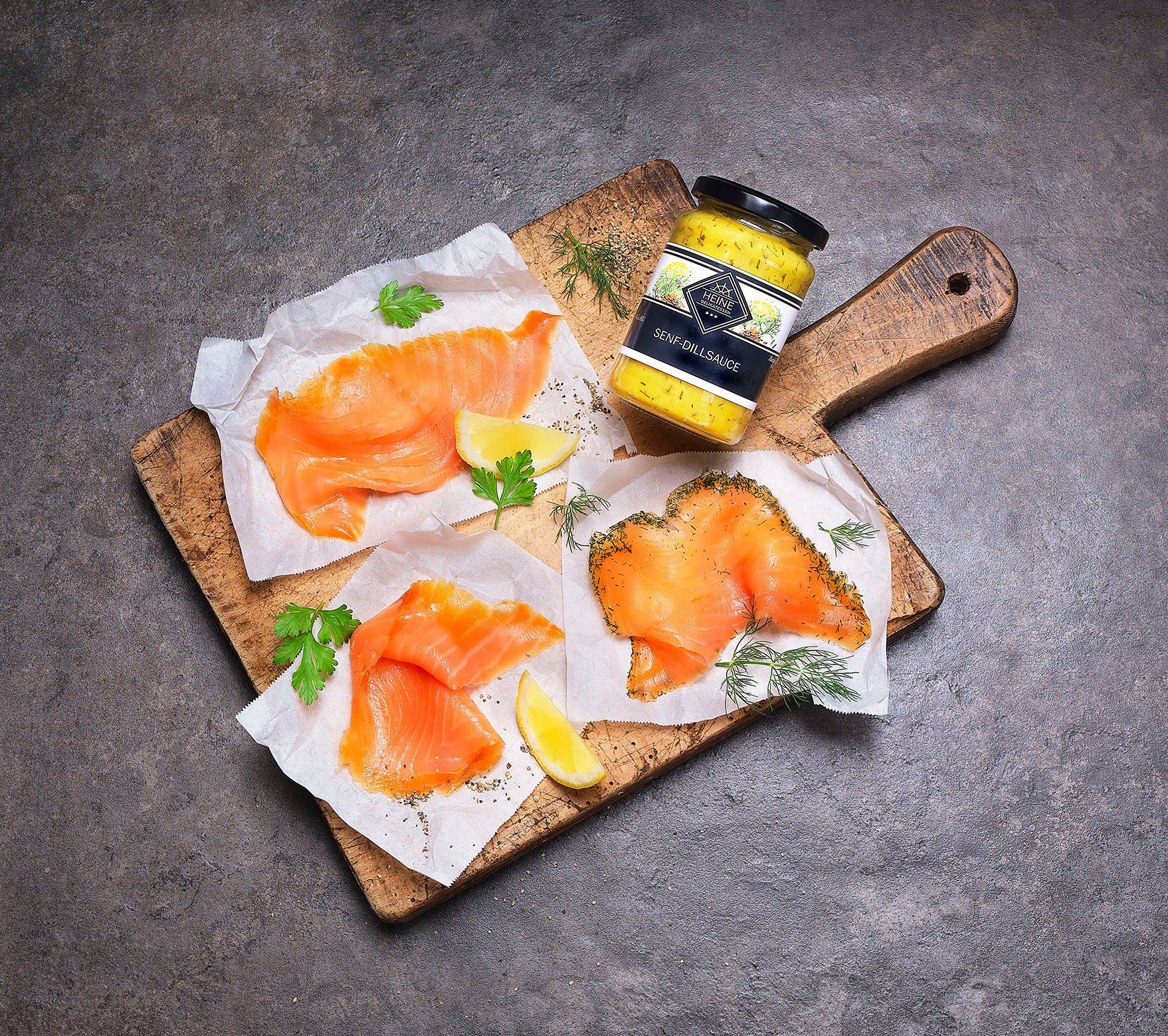 Kleine Lachs-Vielfalt – 3 Sorten mit  je 150 g im Set mit Dill-Senfsauce