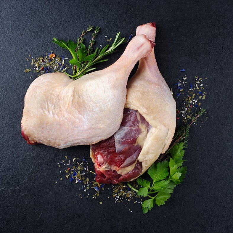 Französische Barbarie-Entenkeule, ungewürzt, roh, mit Haut (300–400 g)  