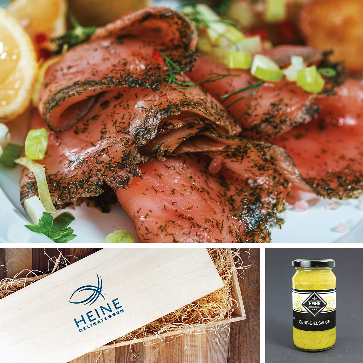 Lachs >HEINE Premium Gravedlachs | in Scheiben 500 g &  HEINE Senf-Dillsauce 1