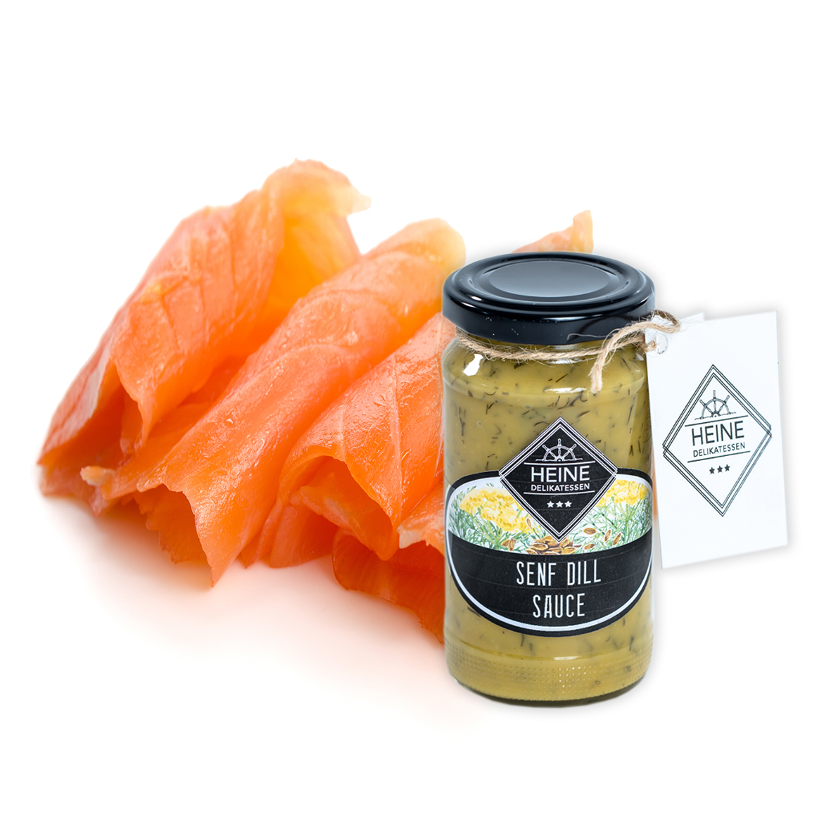 Lachs >HEINE Premium Räucherlachs Natur | in Scheiben ca. 500 g &  HEINE Senf-Dillsauce